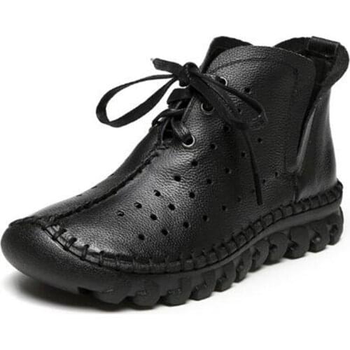 2019 New Spring Summer Hand-sewn Women Boots Hollow Cowhide Leather Shoes Flat Non-slip Ankle Boots Lace-up Casual Sneaker Boots