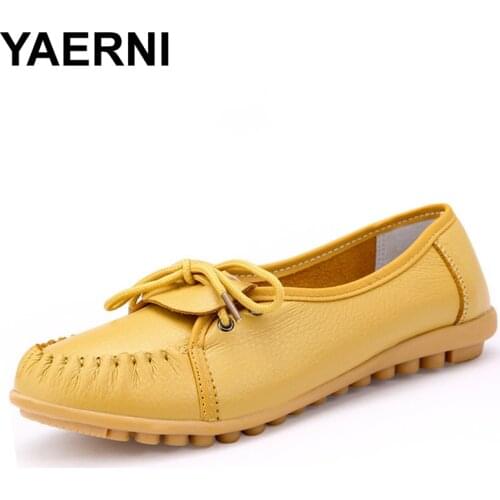 YAERNI Womens Casual Shoes Genuine Leather Woman Loafers Slip-On Female Flats Moccasins Ladies Driving Shoe Mother Footwear