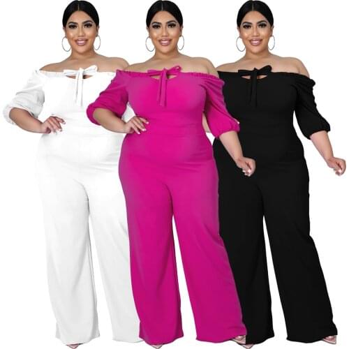 Slash Neck Solid Women Plus Size Jumpsuits 2021 Autumn Latest Lace-up Half Sleeve Backless High Waist Graceful Loose Rompers