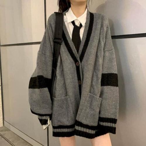 NEW Autumn Winter Casual Cardigans Women V-neck Vintage Loose Knitwear Button Warm Knit Coat Grey Outerwear Female Streetwear