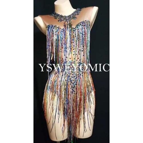 YSWEYOMIC Colorful Fringes Rhinestones Bodysuit Latin Dance Costume Singer Show Bright Leotard Stage Dance Wear For Women YSW04
