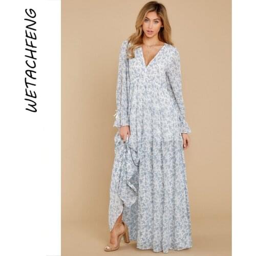 Sexy Blue Floral Print Chiffon V Neck Long Sleeve Ruffles Dress Autumn Elegant Fashion 2021 Boho Loose Cardigan Maxi Women Dress