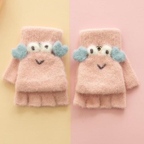 Winter New Cute Male and Female Baby Korean Cartoon Warm Knitted Half-finger Clamshell Gloves Warm Gloves Boys Girls Gloves