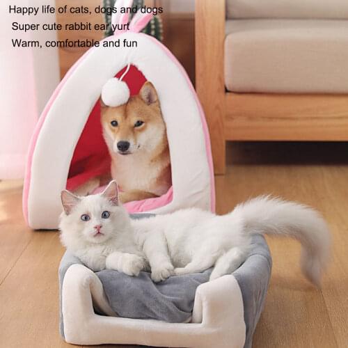 Pink Rabbit Ear Plush Dog Cat Pet Bed House Memory Cotton Nest Warm Super Soft Pet Basket Puppy Cushion Mat Cat Pets Supplies