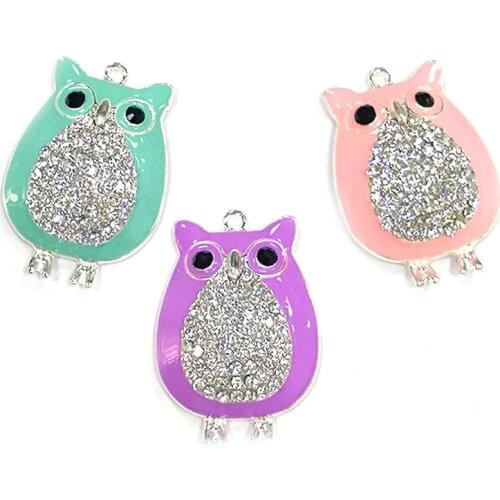 20pcs/lot free shipping cute enamel rhinestone owl animal pendant necklace charm for party/gift decoration