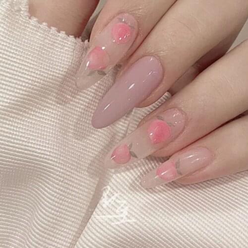 24Pcs Peach False Nails Artificial Nail Tips For Girl Full Cover Long Fake Nail French Tips With Glue Wearable Press On Nails