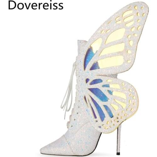 Dovereiss Fashion shoes for woman Winter white Pointed Toe Bowknot butterfly Cross tied Stilettos heels sexy Short boots 34-47