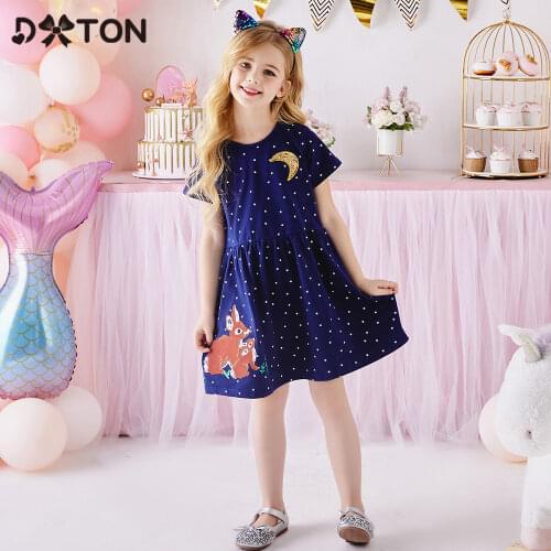 DXTON Girls Summer Dresses New Cotton Children Dress For Girls Kids Short Sleeve Cartoon School Dot Dress Girls Casual Clothing