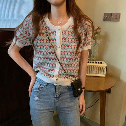 Fashion Vintage Knit Cardigan Womens 2021 Summer Slim Korean Cute Pearl Single Breasted Floral Crop Tops Streetwear