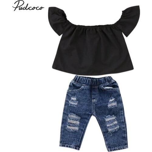 Toddler Kid Baby Girls Clothes Set Summer Ruffles Off shoulder Tops Denim Pants outfits