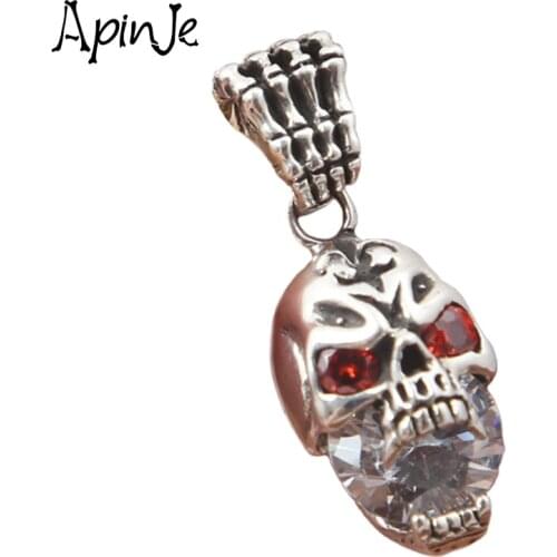 Apinje 925 Sterling Silver Zircon Skull Pendant Men Women Thai Silver Necklace Pendant Gothic Jewelry