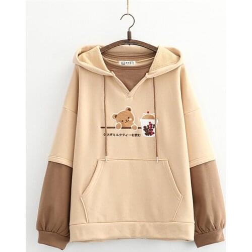 Harajuku Japen Style Kawaii Fleece Hoodies Women Winter Cute Bear Embroidery Anime Sweatshirt Teen Girls Long Sleeve Pullover