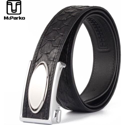 McParko Python Leather Men Belt Automatic Buckle Formal Business Belt Men Stainless Steel Buckle Original Brand Waist Belt Black