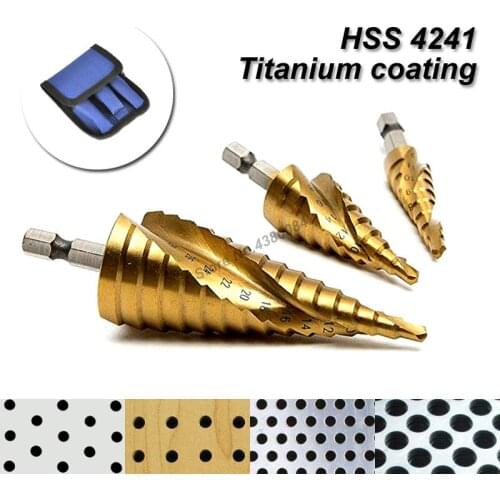 3Pcs Set 4-32/20/12MM Titanium Coating Spiral Grooved HSS Step Drill Bits 1/4'' Hex Shank Cone Hole Cutter Punching Power Tools