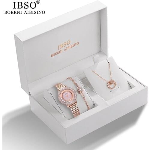 IBSO Women Quartz Watch Set Crystal Design Bracelet Necklace Watch Sets Female Jewelry Set Luxury Rose Gold Set Watch