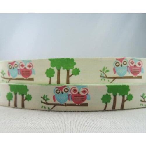 New 5/8"15mm Printed Owl Trees cotton ribbon Webbing Handmade Crafts Woven Labels Packaging Garment Accessory Ribbon 5YDS XM-63A
