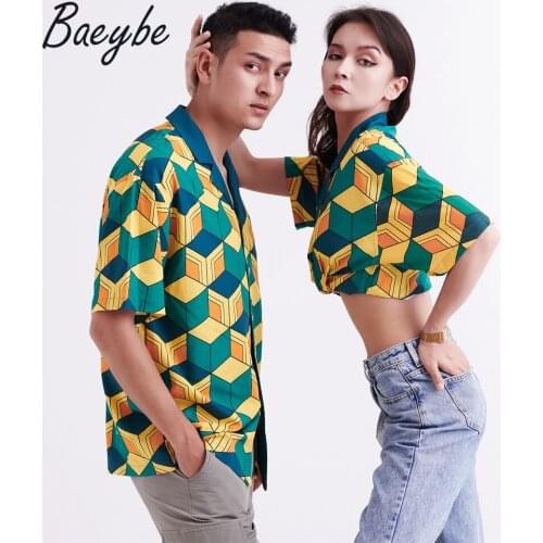 New arrival couples matching clothing set geometirc casual hawaiian shirt Printed button up turn-down collar short sleeve shirt