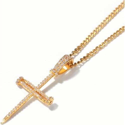 Fashion Hip Hop Cross Nail Pendant Necklace New Arrival 2 Colors AAA Cubic Zircon Copper Chain Rock Style Jewelry