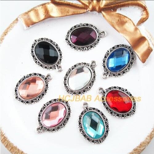 8Pcs Flower Frame New Oval Charms Tibetan Silver Tone Retro Mixed Crystal Pendants 16x23mm