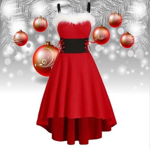 Christmas Dress 2020 Popular Autumn Red Off Shoulder Black Tie Waist Bow Suspender Bandage Costume Winter Clothes XXL