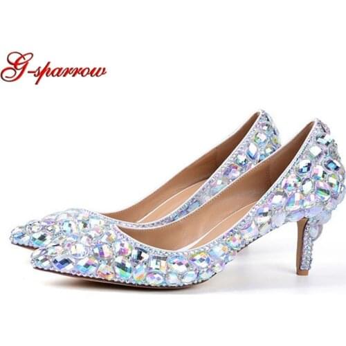 2019 Handmade Kitten Heel Silver AB Crystal Wedding High Heels 6cm Comfortable Cinderella Prom Pumps Pointed Toes Bride Shoes