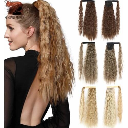 ELEGANT MUSES Wavy Long Ponytai Synthetic Ombre Brown Pony Tail Blonde Fack Hair Hairpiece Wrap On Clip Hair Extensions