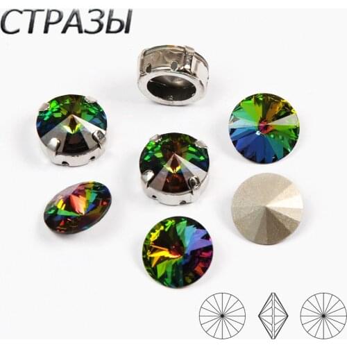 Mix Size Fat Rivoli Rainbow Glass Crystal sew on rhinestones sliver Gold base with hole diy/clothing accessories