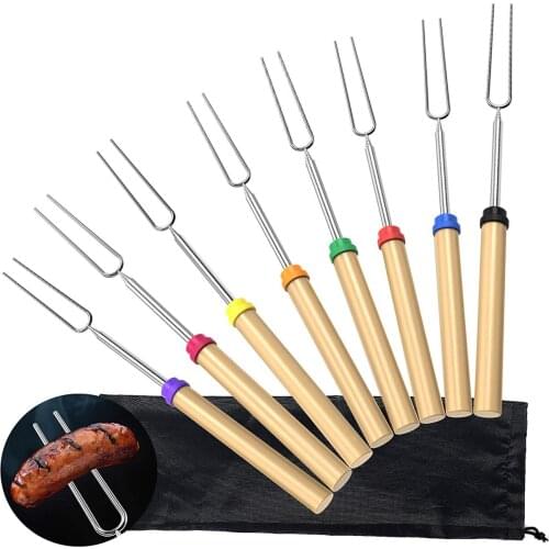 Outdoor BBQ stainless steel telescopic barbecue fork 8-color hot dog fork telescopic U-shaped grill fork with wooden handle