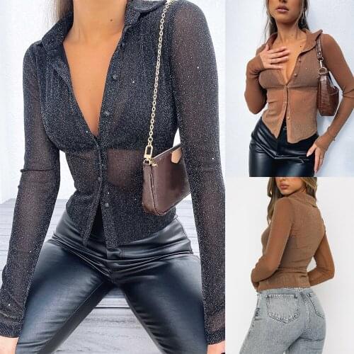 Female Casual Shirt Shimmer Solid Color Long Sleeve Lapel Buttons Down Thin Cloth See Through Wild Slim Fit Cropped Shirt Tops