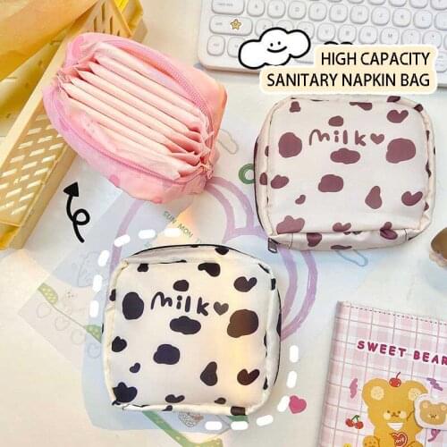 W&G Ins Cute Cow Menstrual Bag Female Large-capacity Portable Kawaii Waterproof Sanitary Napkin Towel Storage Bag