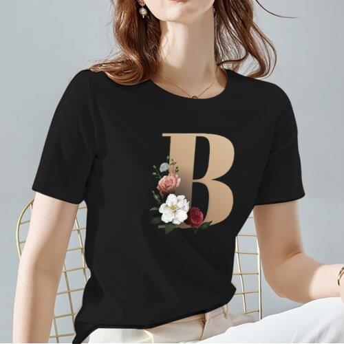 Women Tshirts Ladies Black All-match Tops Classic Gold Alphabet Series Short Sleeve Tee Commuter Woman Clothes,Drop Shipping