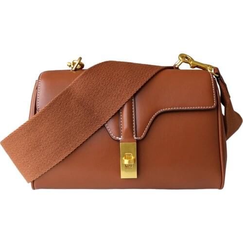 New Genuine Leather Women Shoulder Bags Luxury Designer Female Classic Handbags Wide Strap Cowhide Messenger Bag Purses Brown