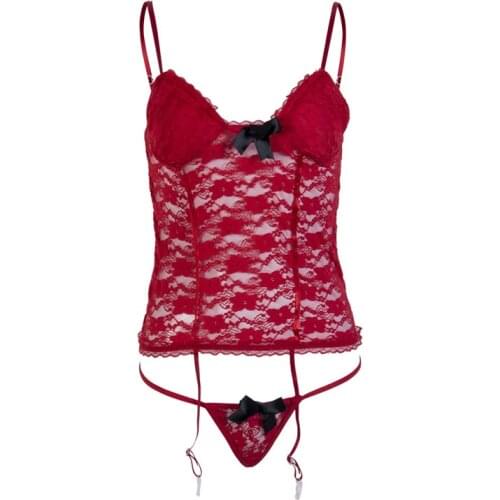 Women 2PCS Teddy Lingerie Set, One-Piece Bodysuit Babydoll, Lace Hollow Stretchy Sling Nightwear, Low Cut G-String Sleepwear Set