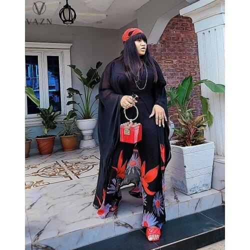 VAZN 2021 Free Size Shinny Loose Lady Suits High Street Full Sleeve Sexy Print 2 Piece Set Women Top And Pant Summer