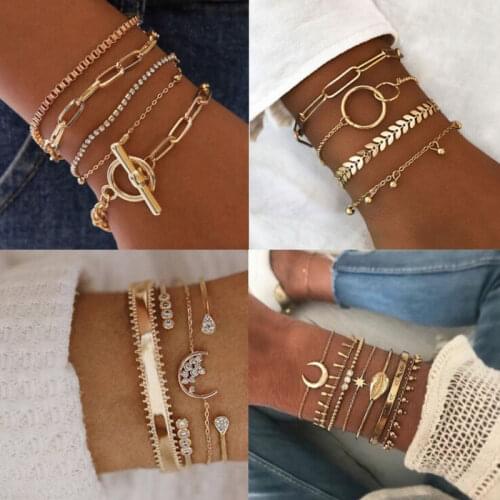 Punk Golden Opening Cuff Bracelets & Bangles For Women Fashion Crystal Geometric Link Chain Charm Bracelets Set Party Jewelry