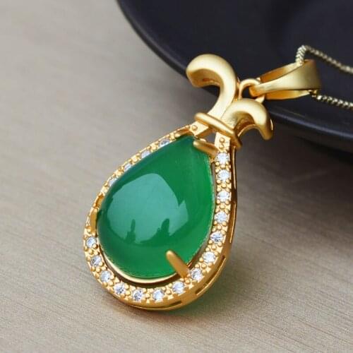 Women Chalcedony Pendant Necklace Green Agate Water Drop Set With Diameter Gold Plated 925 Silver Pendant Jewelry