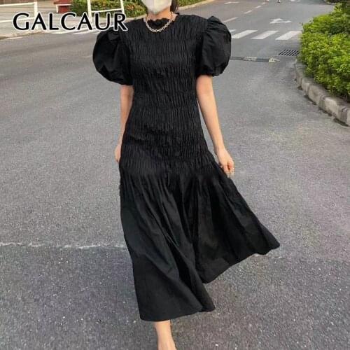 GALCAUR Loose Pullover Dress For Women O Neck Puff Short Sleeve Ruched Mid Dresses Female Fashion New Clothing 2021 Summer Style