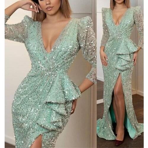 Evening Dress abiye gece elbisesi vestido longo 2019 Mint Elegant Evening Dresses robe de soiree Sleeves Sequins Formal Gowns