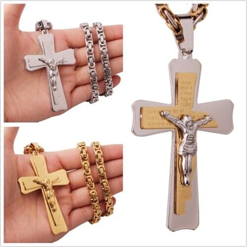 Stainless Steel Silver Color Christian Jesus Rune Cross Gold Pendant With 5mm Byzantine Chain Necklace Mens Boys Jewelry