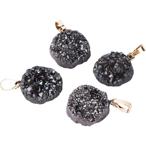 1pcs Crystal Round Druzy Geode Quartz Necklace Black Natural Stone Pendant Women Jewelry Necklace