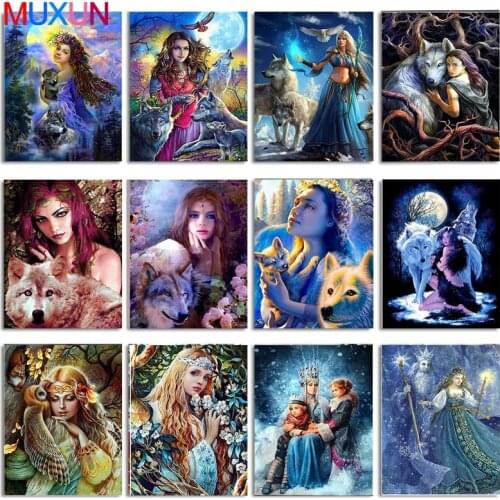 Muxun 5D Diy Diamond Painting Woman Portrait Cross Stitch embroidery And Wolf Decor Home Gift Handmake Rp536