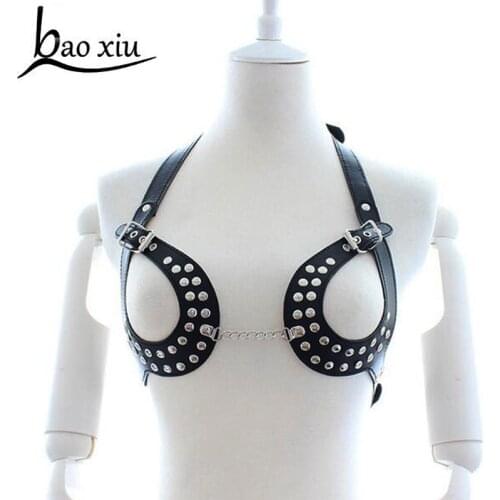 Women sexy Breast implants Goth Lolita Handmade Leather Bra Corsets Body Bondage Chest Cage rivets Harness Belts