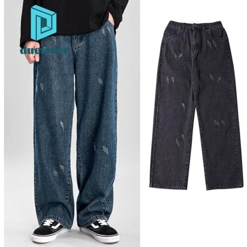 DUEWEER Mens Straight Black Jeans Scratch Ripped Jeans Hip Hop Distressed Jeans y2k Pants Trousers Men Wide Leg Denim Pants