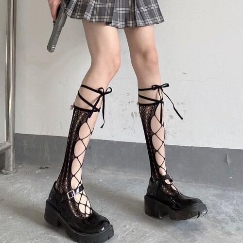 Japanese Tide Black White Cotton Sox with Long Rope Strap Top Cross Bow Knot Lolita Cosplay Medias Socks