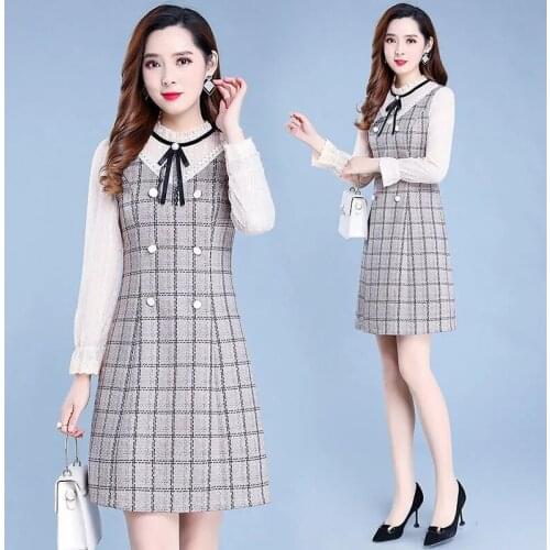 Plaid Dresses Women New Spring Autumn Lotus Leaf Collar Long Sleeve Stitching Fake Two-piece Dress Ladies Office Dress Vestidos