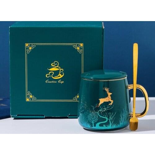 Creative Elk Ceramic Mug Household Water Cup High Temperature Resistant Coffee Milk Tea Cup Gift Box Set with Spoon and Lid