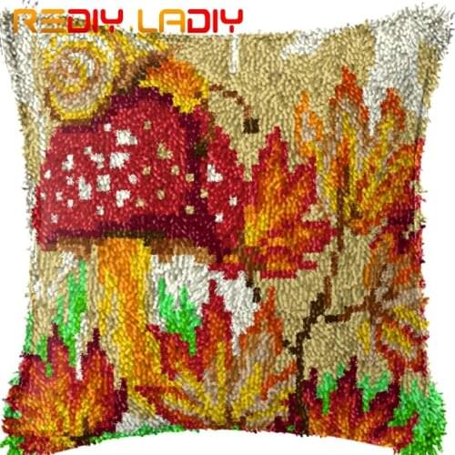 Latch Hook Cushion Mushroom Leaves Pillow Case Printed Color Canvas Acrylic Yarn Latched Hook Pillow Crochet Cushion Cover Kits