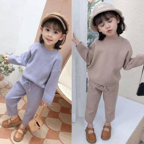 Fashion Loose Clothes For Girls' Woollen Top Trousers Warm Suit Girl Baby Knitted Sweater + Pants Children 2-Piece Set In Fall