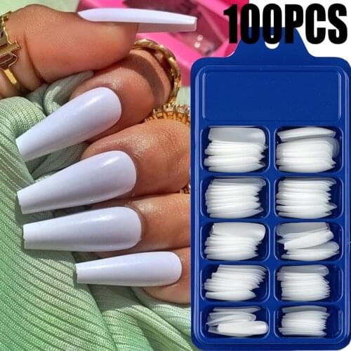 100pcs Long Ballet False Nails Full Coverage Candy Color Press on Nail Artificial French Nail Tips Fake Nail Art Beauty Tools