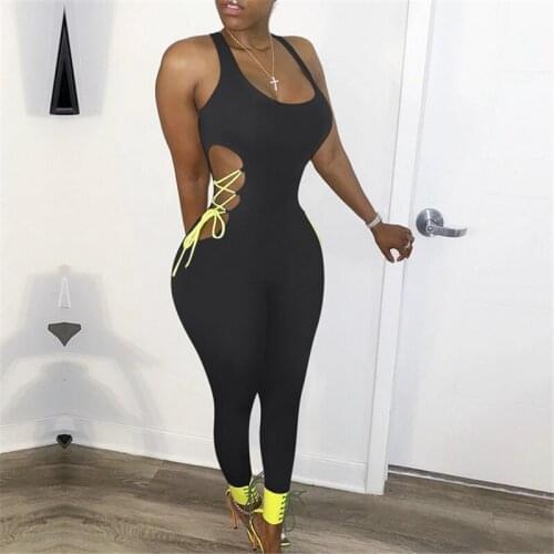 2020 New Style Women´s Sexy Suspender Jumpsuit Ladies Fashion Solid Color Hollow Bandage Summer Long Jumpsuit